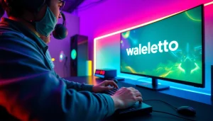 Gamer focused on playing walettoto with vivid gaming setup in modern room.