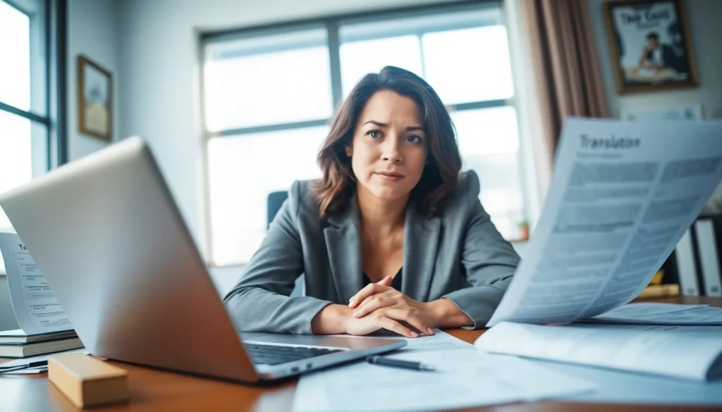 Illustration of a translator working on certified translation (traducción jurada) documents at a desk.