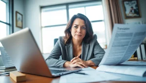 Illustration of a translator working on certified translation (traducción jurada) documents at a desk.