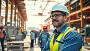 Engaged professionals discussing careers in construction at a dynamic construction site.