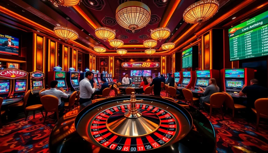 Engage with FUN88 Thailand's thrilling atmosphere featuring players at a roulette table and vibrant slot machines.