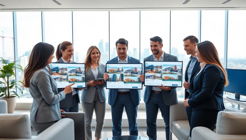 Showcase a real estate team consulting clients in a modern office space.