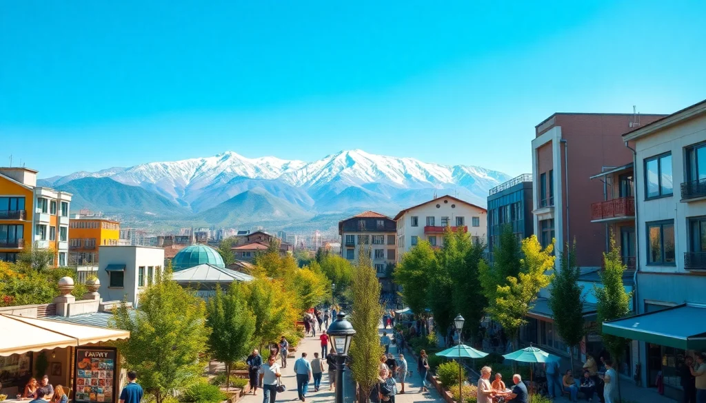 Experience the vibrant cityscape of https://albmaftoh.com, showcasing the blend of urban life with stunning mountains.