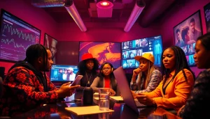 Professional team at a hip hop pr agency strategizing for artist success with vibrant energy.