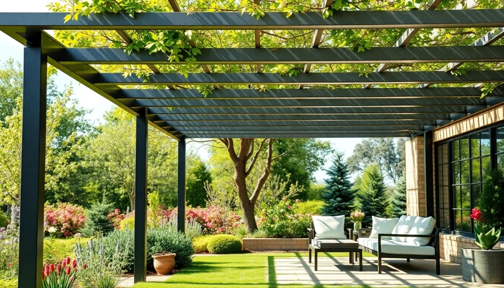 Enhance your outdoor space with a modern steel pergola, blending style and functionality in a beautiful garden.