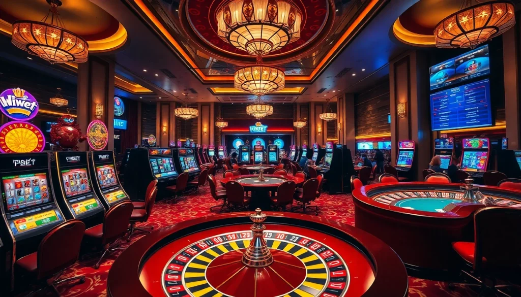 Action-packed gaming scene depicting nhà cái shbet with players enjoying slots and poker.