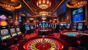 Action-packed gaming scene depicting nhà cái shbet with players enjoying slots and poker.