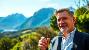 Engage with sports commentary at https://sportnation.nz, featuring a dynamic host in a vibrant landscape.