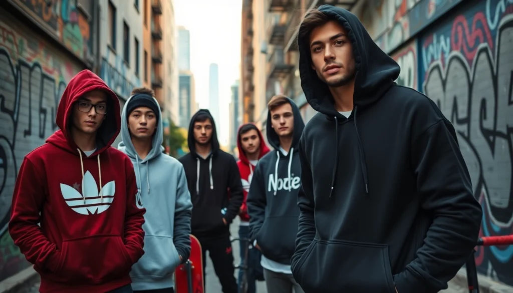 Streetwear hoodies showcasing trendy designs in urban fashion scene