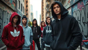Streetwear hoodies showcasing trendy designs in urban fashion scene