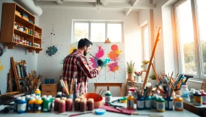 Engaged artist creating with acrylics at https://acrylicpedia.com art studio, showcasing vibrant colors and tools.