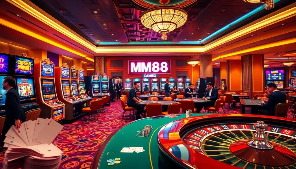 Players enjoying a thrilling roulette game at MM88 casino, surrounded by vibrant slot machines and elegant poker tables.