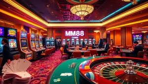 Players enjoying a thrilling roulette game at MM88 casino, surrounded by vibrant slot machines and elegant poker tables.