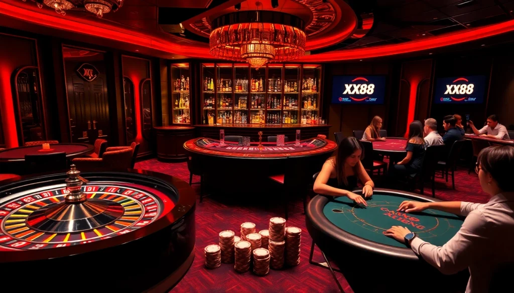 Engaged players strategizing at XX88 casino tables with chips and roulette wheel.