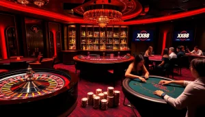 Engaged players strategizing at XX88 casino tables with chips and roulette wheel.