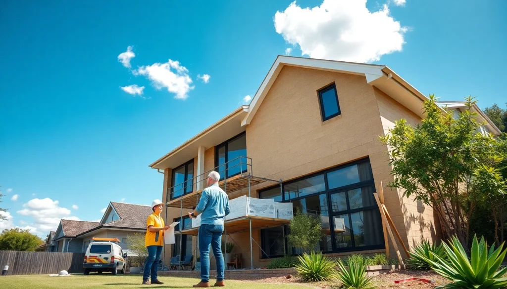House extension construction in Melbourne, showcasing builders discussing plans with homeowners amidst ongoing work.