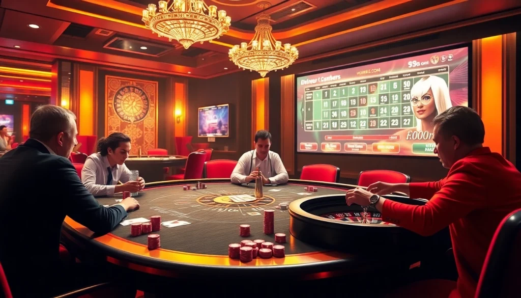 Players immersed in poker at 99OK.COM, showcasing luxury and excitement in online gambling.