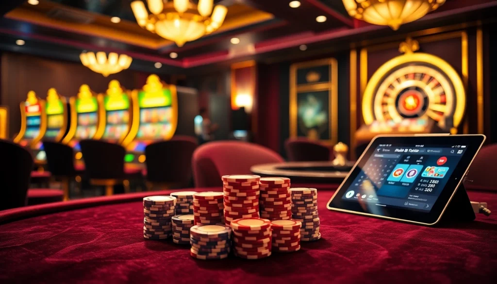 Engaging gambling scene at khela88 bangladesh featuring poker tables and slot machines.