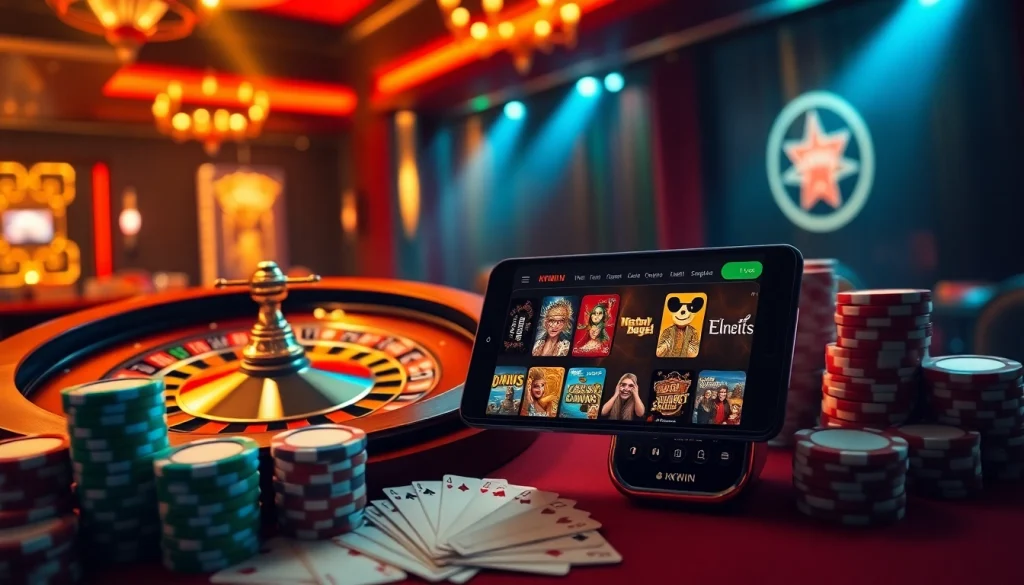 Experience the excitement of online gambling with the KKWIN app showcasing casino games and poker chips.