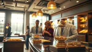 Goldankauf Hannover: Kunden interagieren in einem Juweliergeschäft beim Goldankauf.