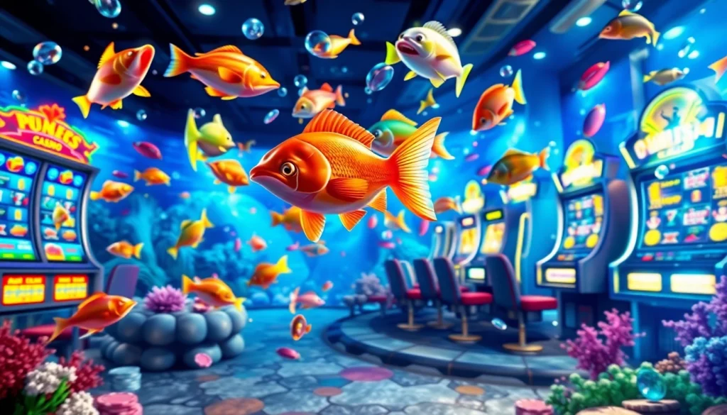 Engaging fishing game scene for bắn cá đổi thưởng featuring colorful fish and casino elements.