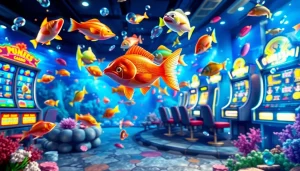 Engaging fishing game scene for bắn cá đổi thưởng featuring colorful fish and casino elements.