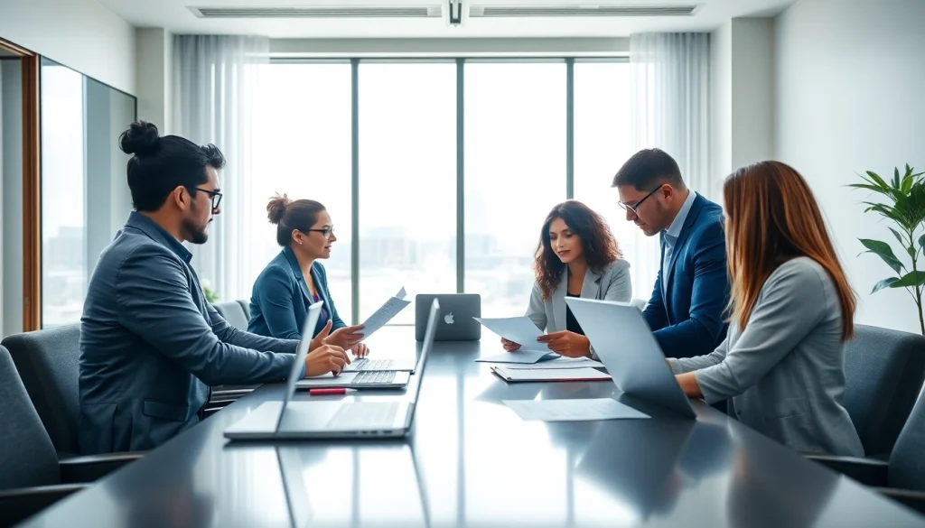 Engaged professionals utilizing https://fidelitycorporate.com for corporate investigations in a bright office.