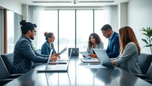 Engaged professionals utilizing https://fidelitycorporate.com for corporate investigations in a bright office.