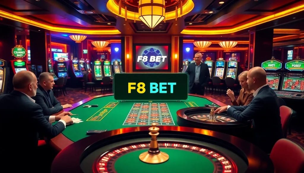 Players engaging in high-stakes poker and roulette at F8 BET casino table.
