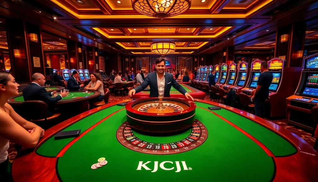 Engaging casino players at KJC COM tables, featuring roulette and poker action.