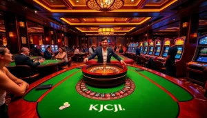 Engaging casino players at KJC COM tables, featuring roulette and poker action.