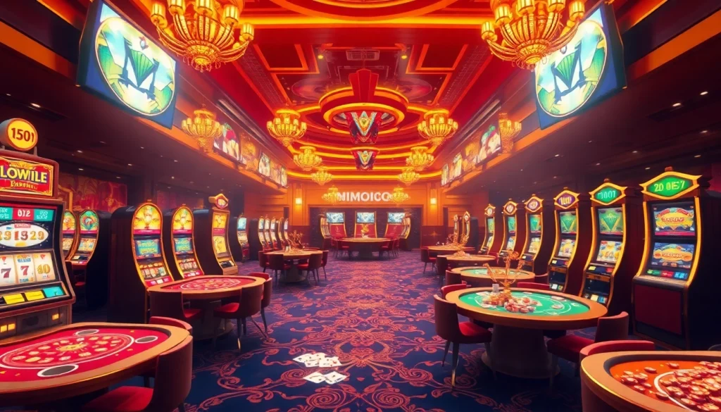 Experience the thrill of gambling with nhà cái nohu90 in a vibrant casino atmosphere featuring colorful slot machines.