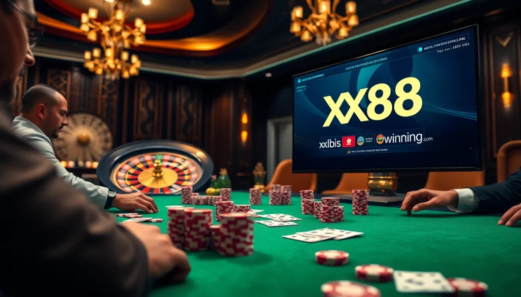 Join the excitement at https://xx88.pizza/ with a luxurious casino poker game featuring vibrant chips and players.
