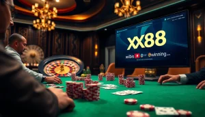 Join the excitement at https://xx88.pizza/ with a luxurious casino poker game featuring vibrant chips and players.