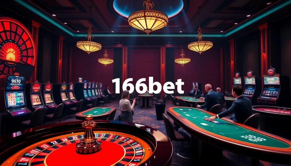 166bet Login interface displayed in an elegant casino setting with vibrant roulette and slot machines.