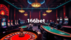 166bet Login interface displayed in an elegant casino setting with vibrant roulette and slot machines.