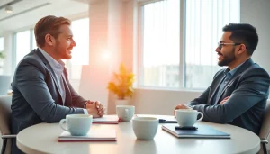 Engaging discussion with a business coach near me in a modern office environment.