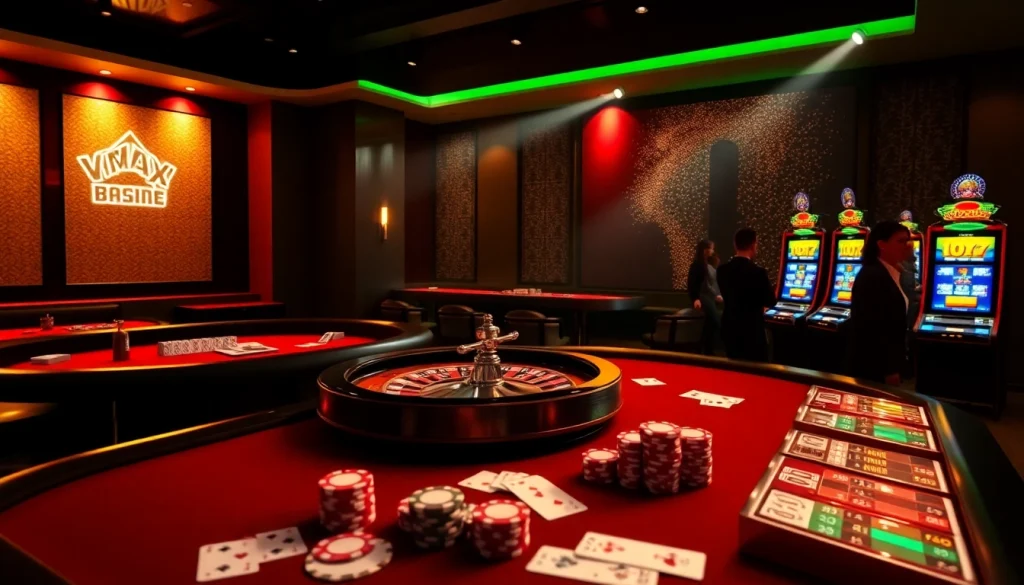 Experience high-stakes gaming with VMAX bet at a luxurious casino table filled with vibrant poker chips.