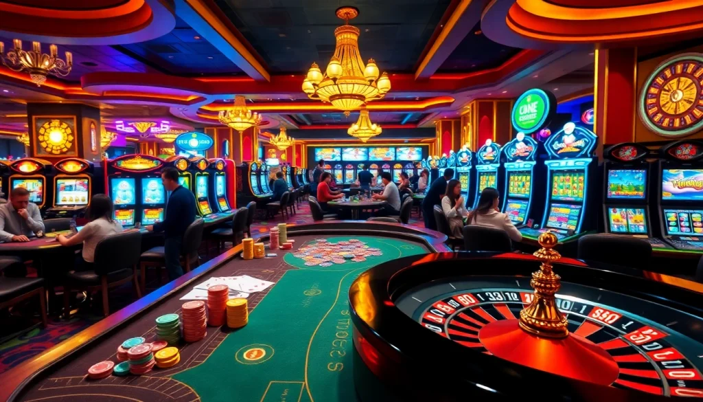 Capture the excitement of players at king88 com as they engage in thrilling casino games with vibrant tables and slot machines.