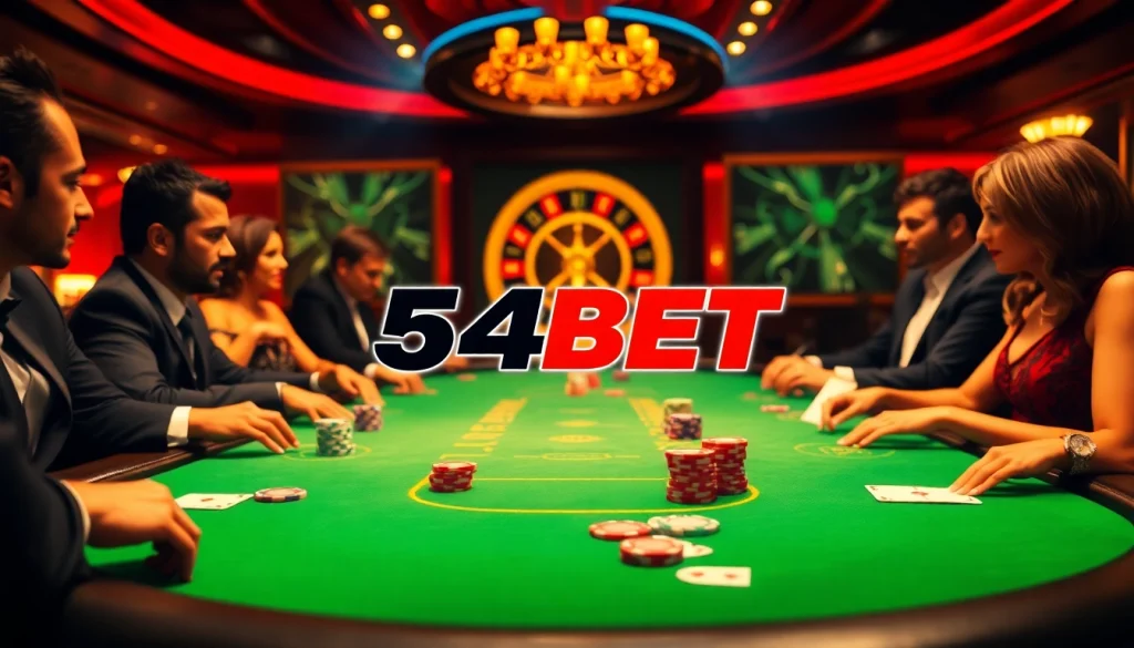 Enjoying thrilling gameplay with 54BET at a luxurious casino table filled with poker chips and cards.