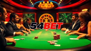 Enjoying thrilling gameplay with 54BET at a luxurious casino table filled with poker chips and cards.