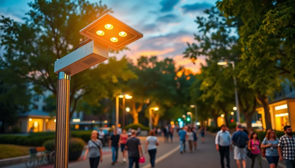 Solar street light illuminating a bustling urban pathway at twilight.