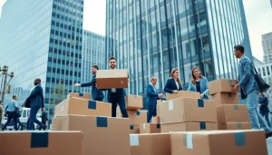 Office Relocation Wollongong team packing furniture in a bright urban setting.