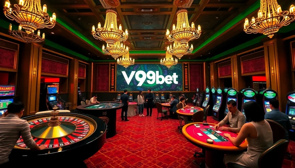 Exciting V9bet casino scene showcasing poker and roulette tables with vibrant players.