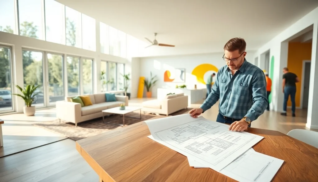 Home renovation project showcasing a modern living space with contractors reviewing plans.