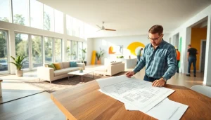 Home renovation project showcasing a modern living space with contractors reviewing plans.