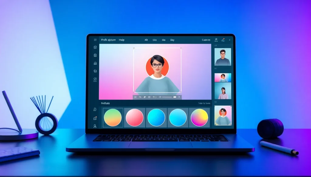 Profile photo maker interface showcasing vibrant profile picture designs and editing tools.