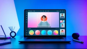 Profile photo maker interface showcasing vibrant profile picture designs and editing tools.