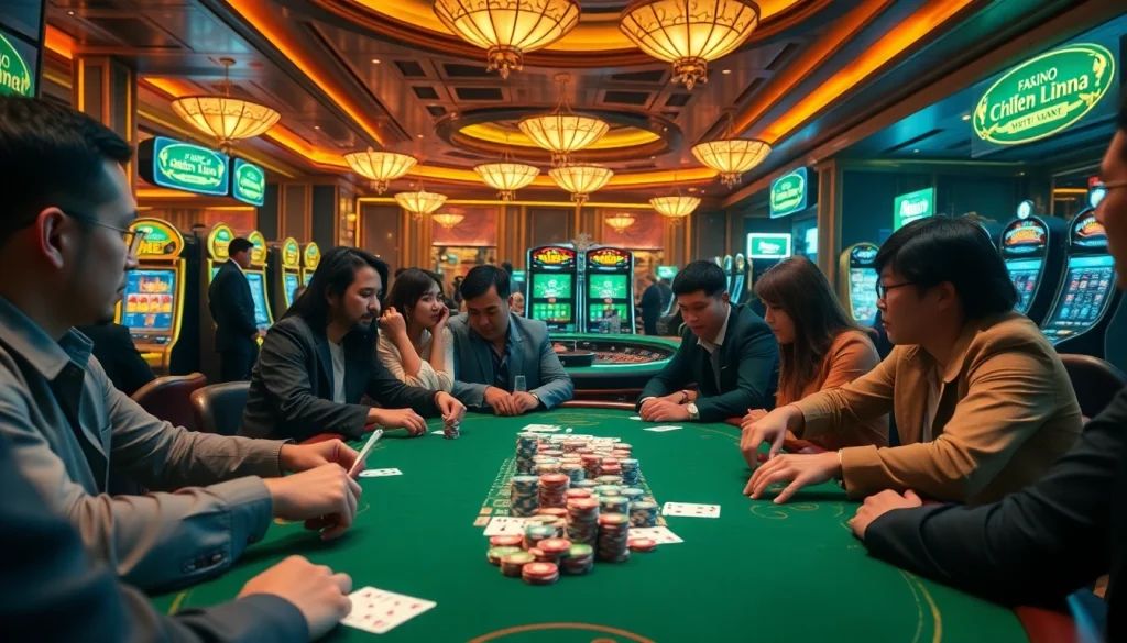 Engage with jbo vietnam at an exciting poker table surrounded by vibrant casino elements.