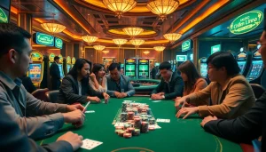 Engage with jbo vietnam at an exciting poker table surrounded by vibrant casino elements.
